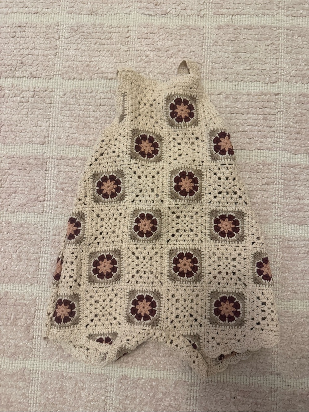 Cream Crochet Kids Dress with Pink and Brown Floral Squares